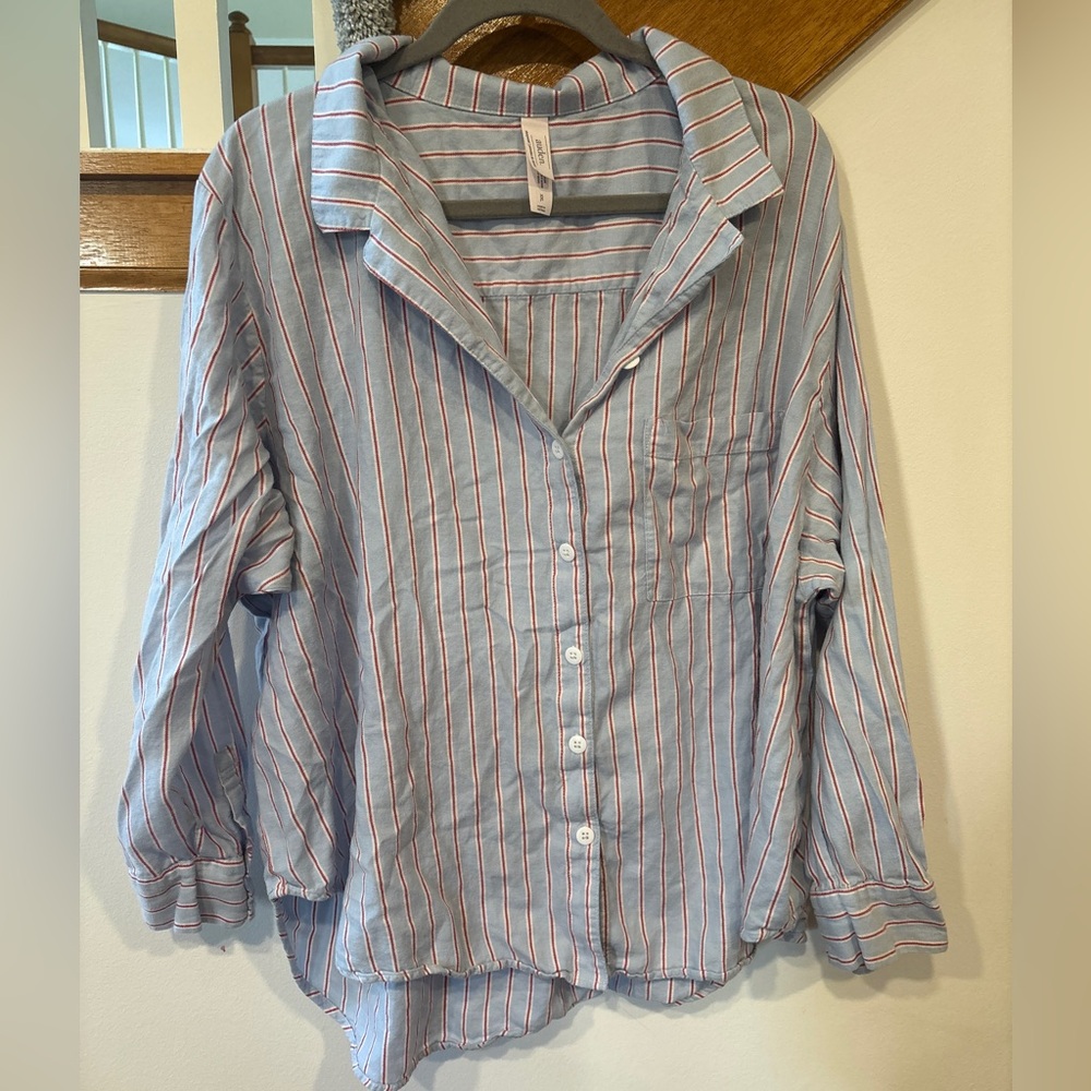 Auden Light Blue Button Down Pajama Shirt with Red Stripes - Women’s XXL